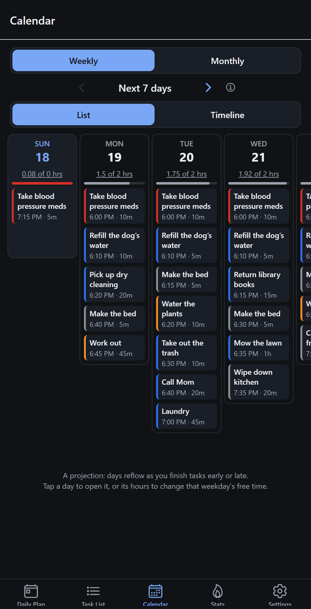 Next 7 days with each day's tasks