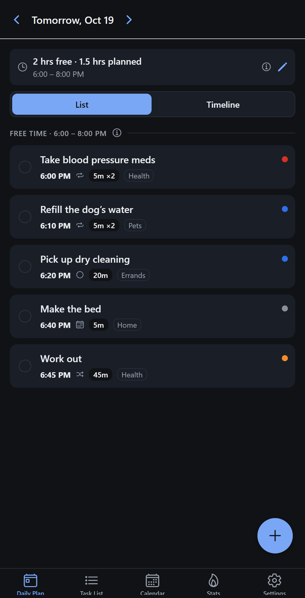 DuNow's Daily Plan: tasks laid out in a 6 to 8 PM free-time window, each with a start time